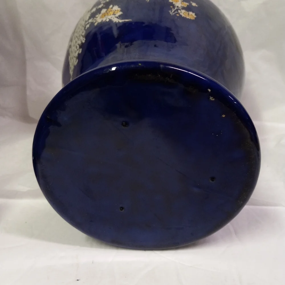 VINTAGE Satsuma Large Cobalt Blue Asian Vase  Peacock Floral